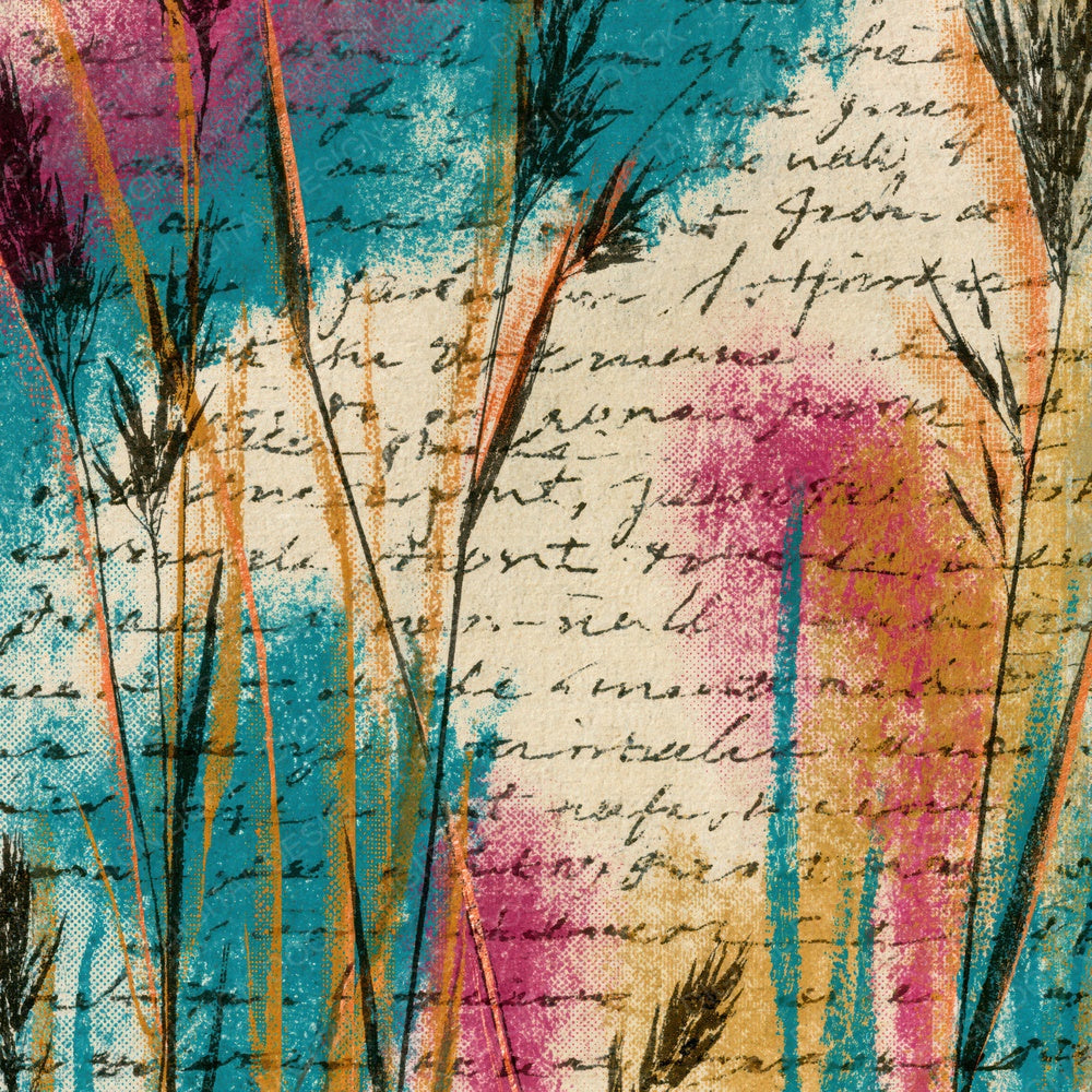 Vintage Newsprint Grasses Turquoise Pink Ochre Digital Paper Pack (DDD015163)