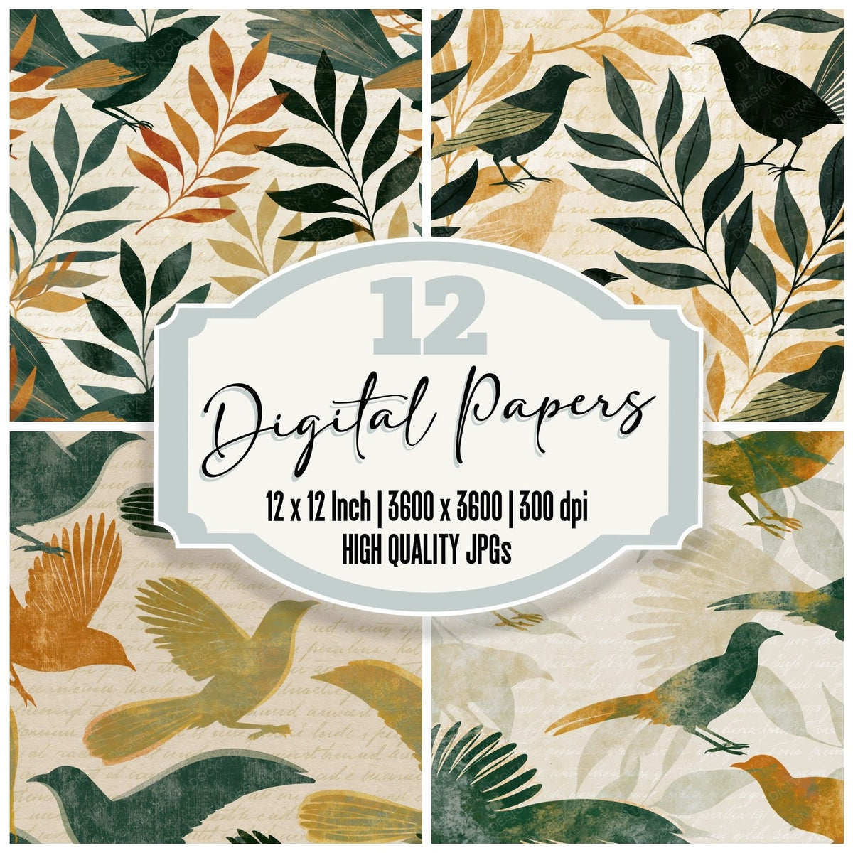 Coloured Pencil Lyrebird Eucalyptus Gold digital paper pack cover showing four of the 12 papers