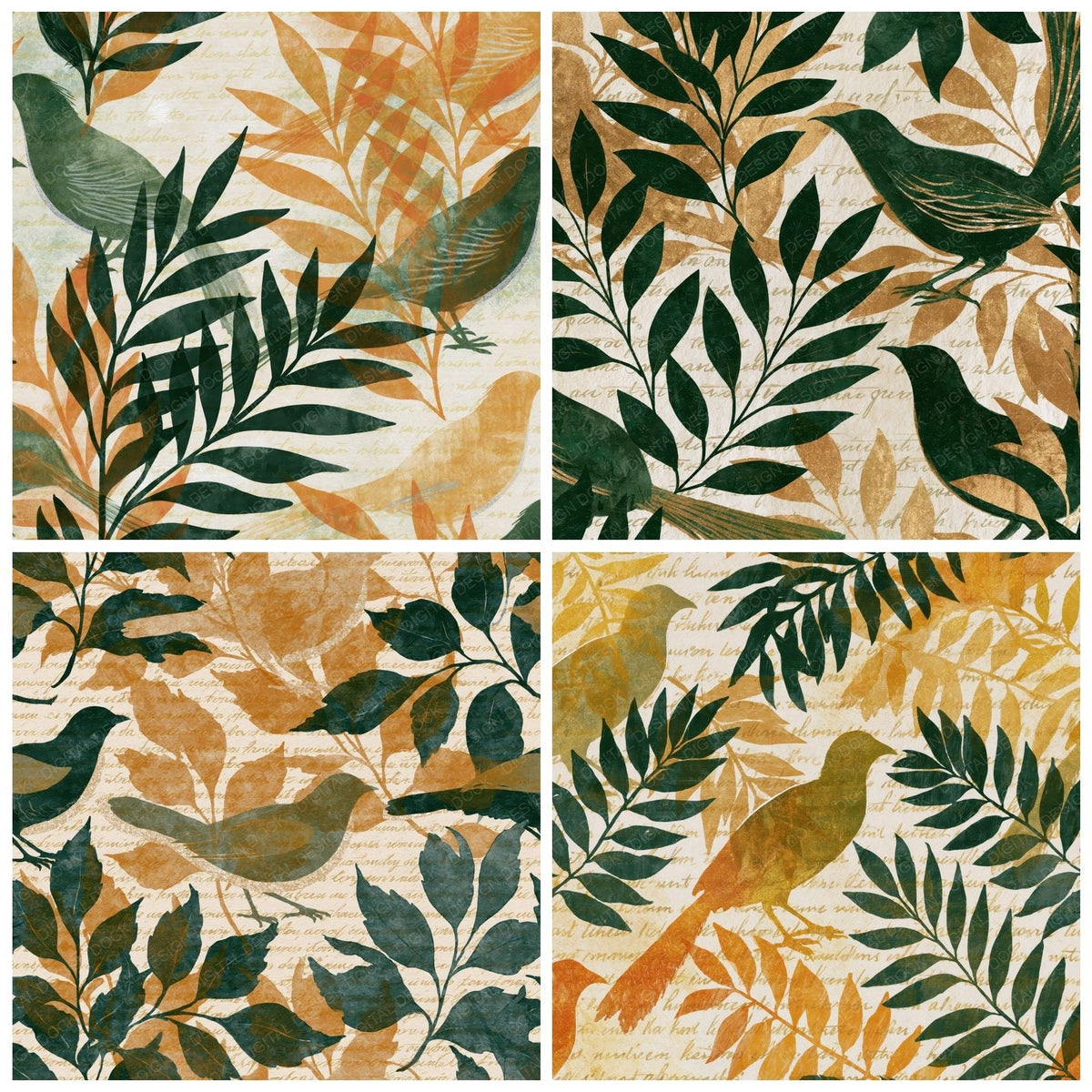 Four Coloured Pencil Lyrebird Eucalyptus Gold digital papers from the pack shown in a grid