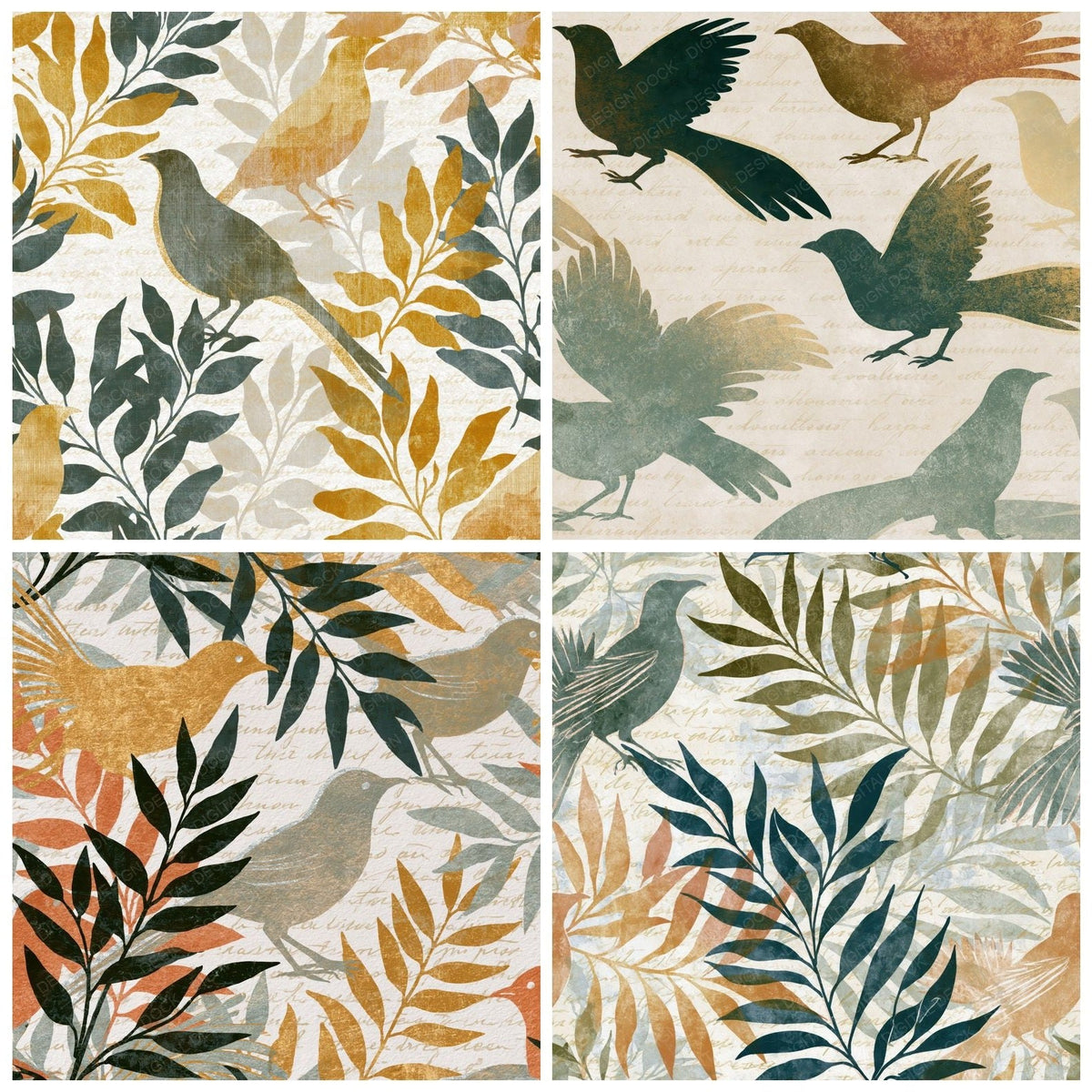 Four more Coloured Pencil Lyrebird Eucalyptus Gold digital papers from the pack shown in a grid
