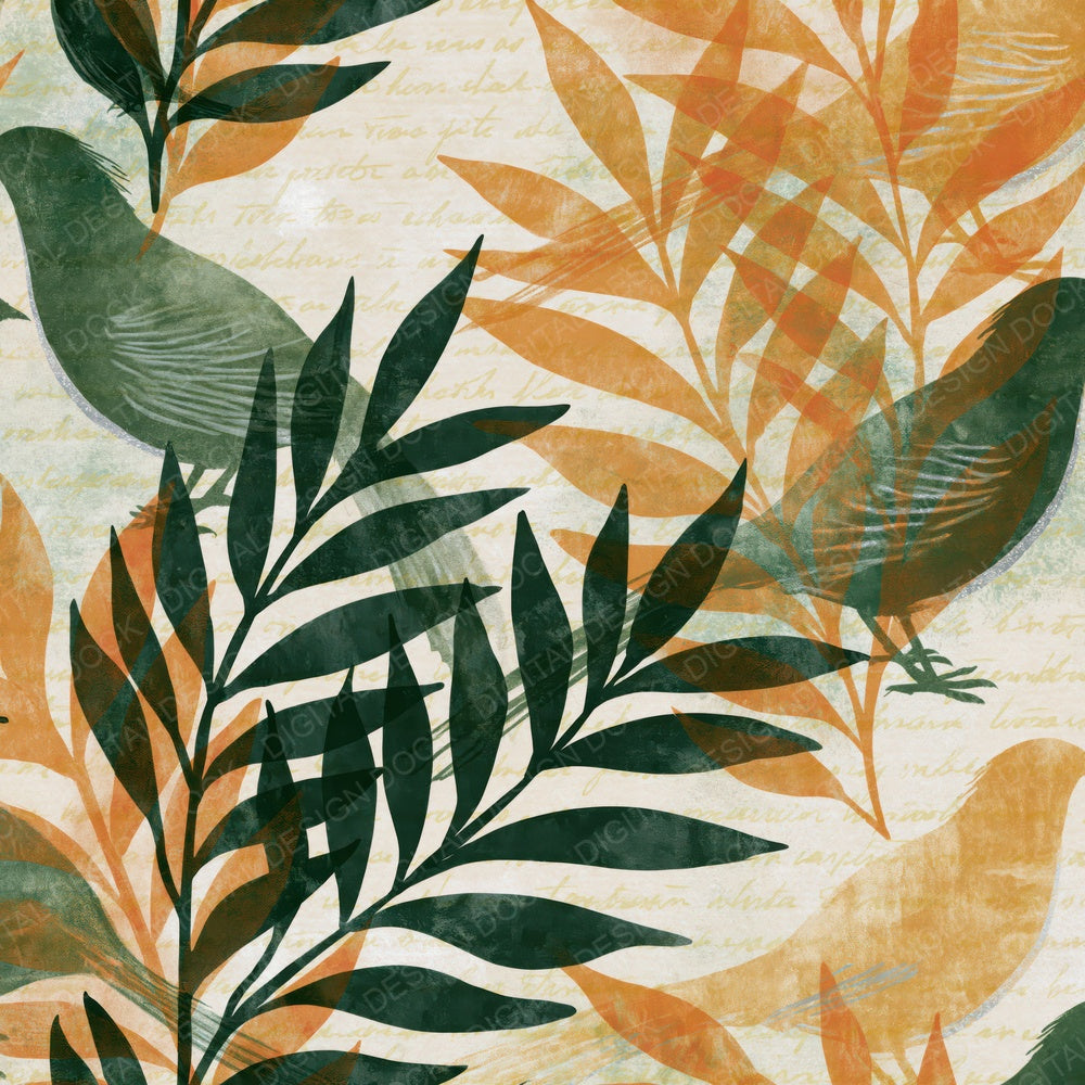 Single Coloured Pencil Lyrebird Eucalyptus Gold digital paper shown full size