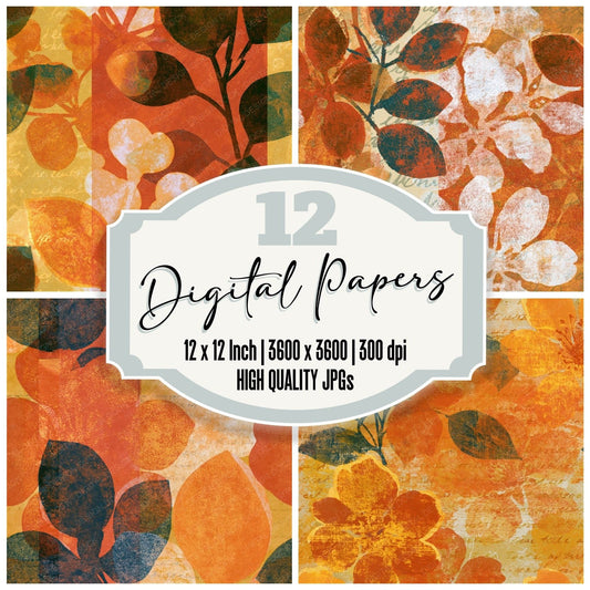 Risograph Pear Blossoms Turmeric Seamless digital paper pack cover showing four of the 12 papers