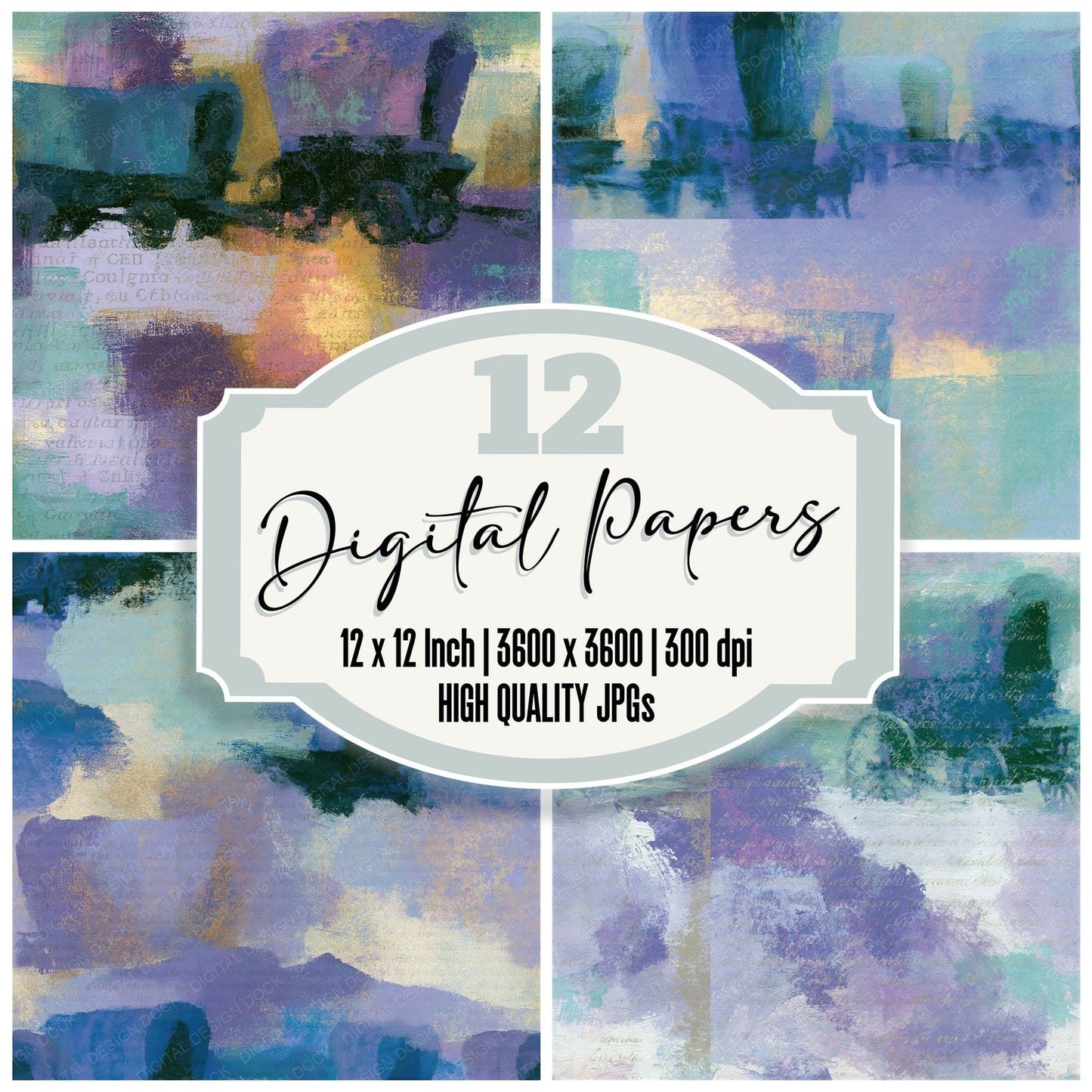 Impressionist Pioneer Wagons Lilac Mint Seamless Digital Paper Pack (DDD015188)