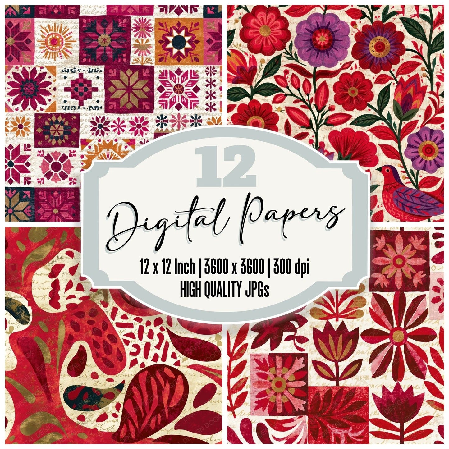Mexican Folk Cherry Currant Texture Seamless Digital Paper Pack (DDD015190)