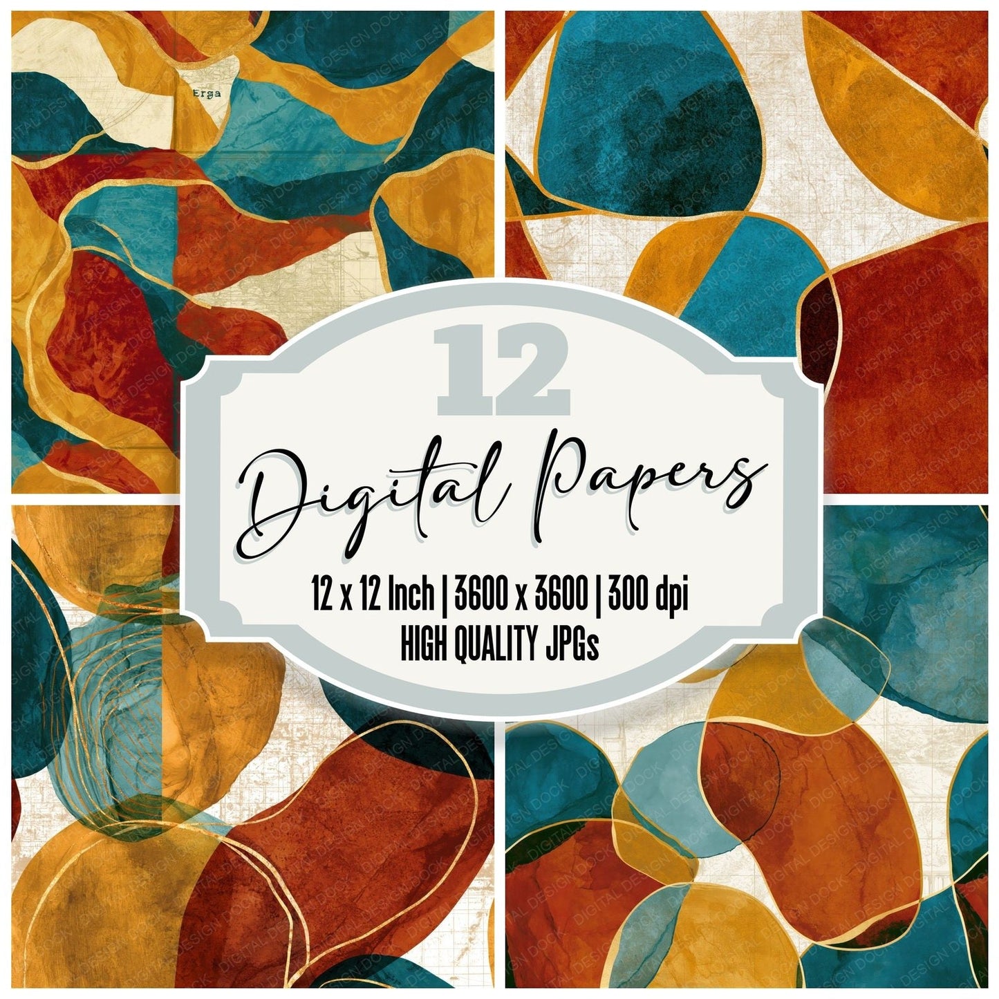 Scandinavian Fluid Contours Rust Turquoise Seamless Digital Paper Pack (DDD015196)