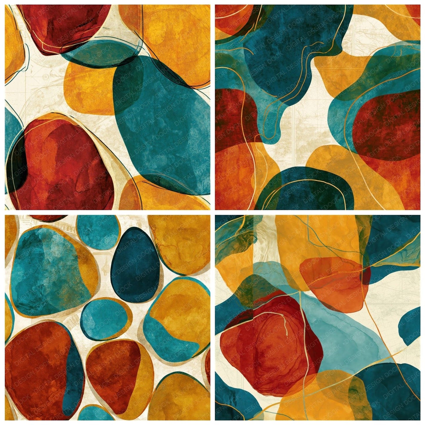 Scandinavian Fluid Contours Rust Turquoise Seamless Digital Paper Pack (DDD015196)