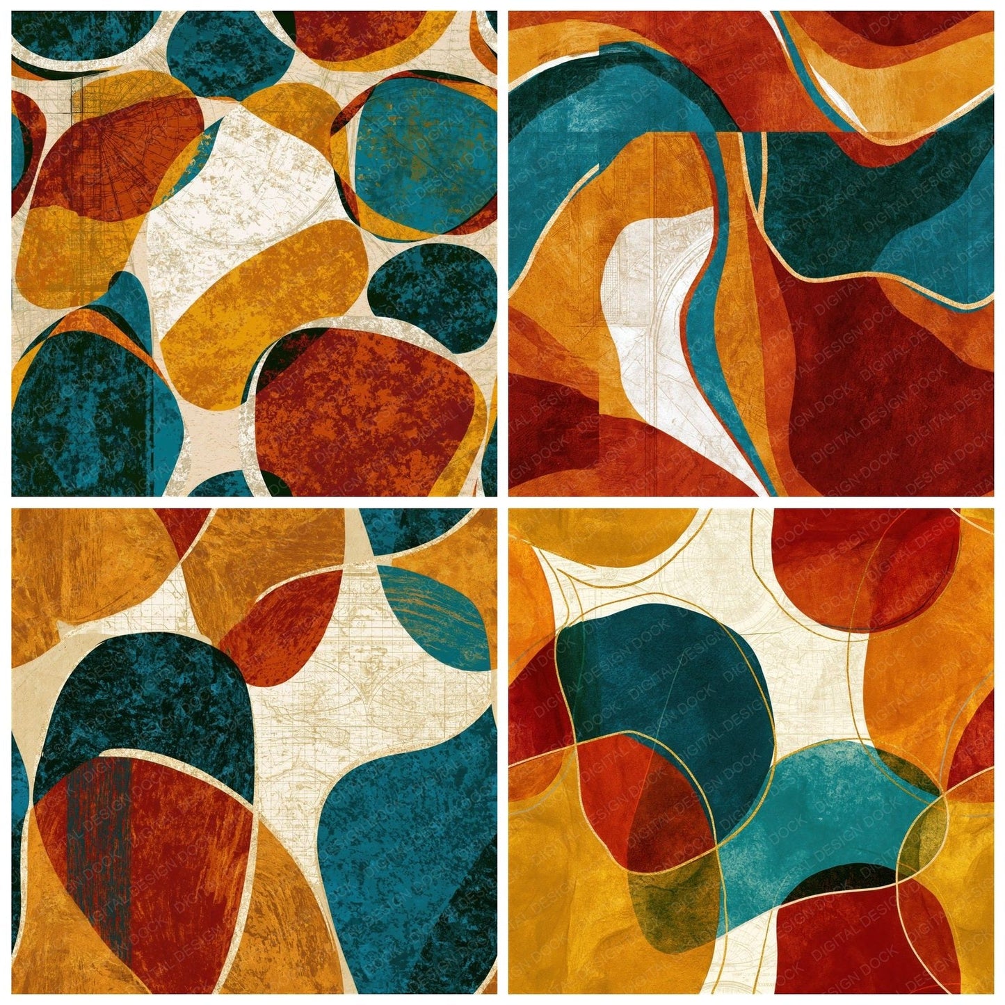 Scandinavian Fluid Contours Rust Turquoise Seamless Digital Paper Pack (DDD015196)
