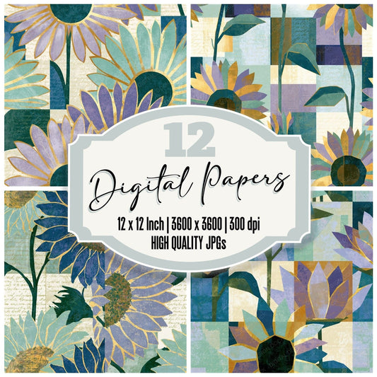 Bauhaus Sunflower Tessellated Lilac Mint Seamless digital paper pack cover showing four of the 12 papers