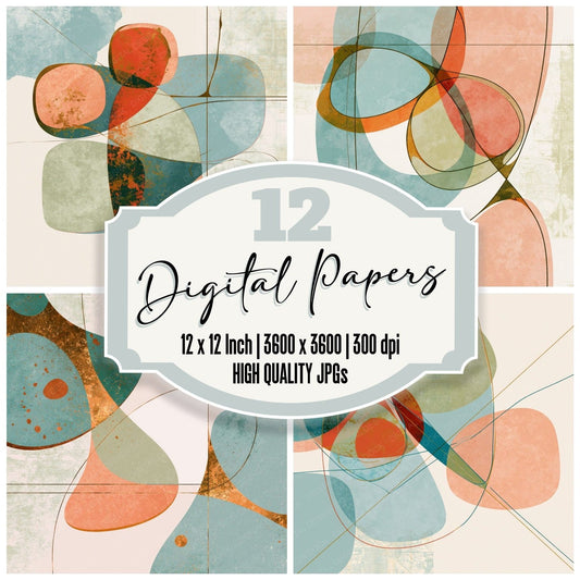 Mid Century Modern Powder Blue Peach Abstract Digital Paper Pack (DDD015213)