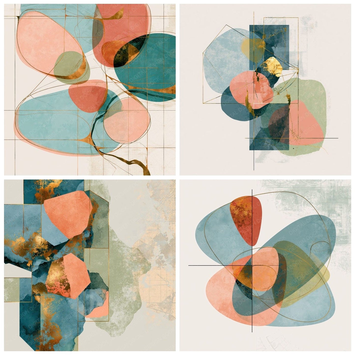 Mid Century Modern Powder Blue Peach Abstract Digital Paper Pack (DDD015213)