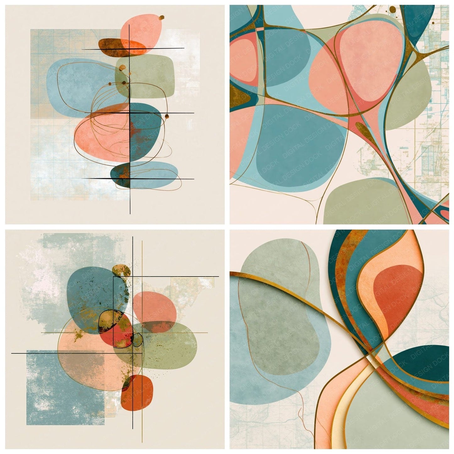 Mid Century Modern Powder Blue Peach Abstract Digital Paper Pack (DDD015213)
