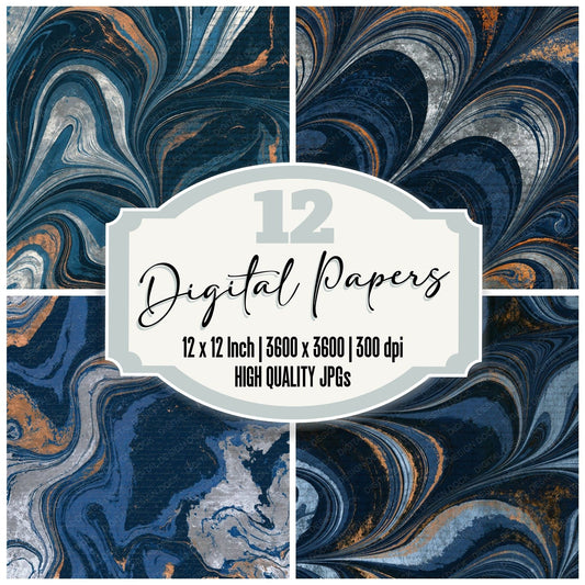 Paper Marbling Midnight Silver Abstract Digital Paper Pack (DDD015214)