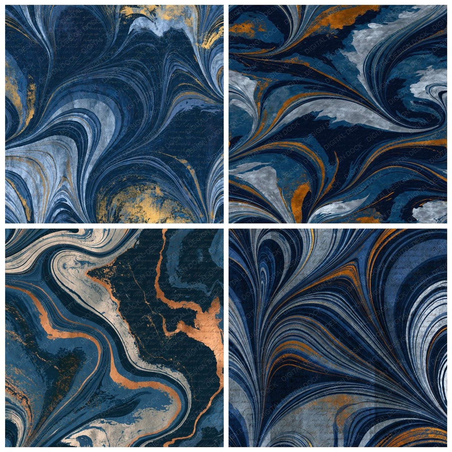Paper Marbling Midnight Silver Abstract Digital Paper Pack (DDD015214)