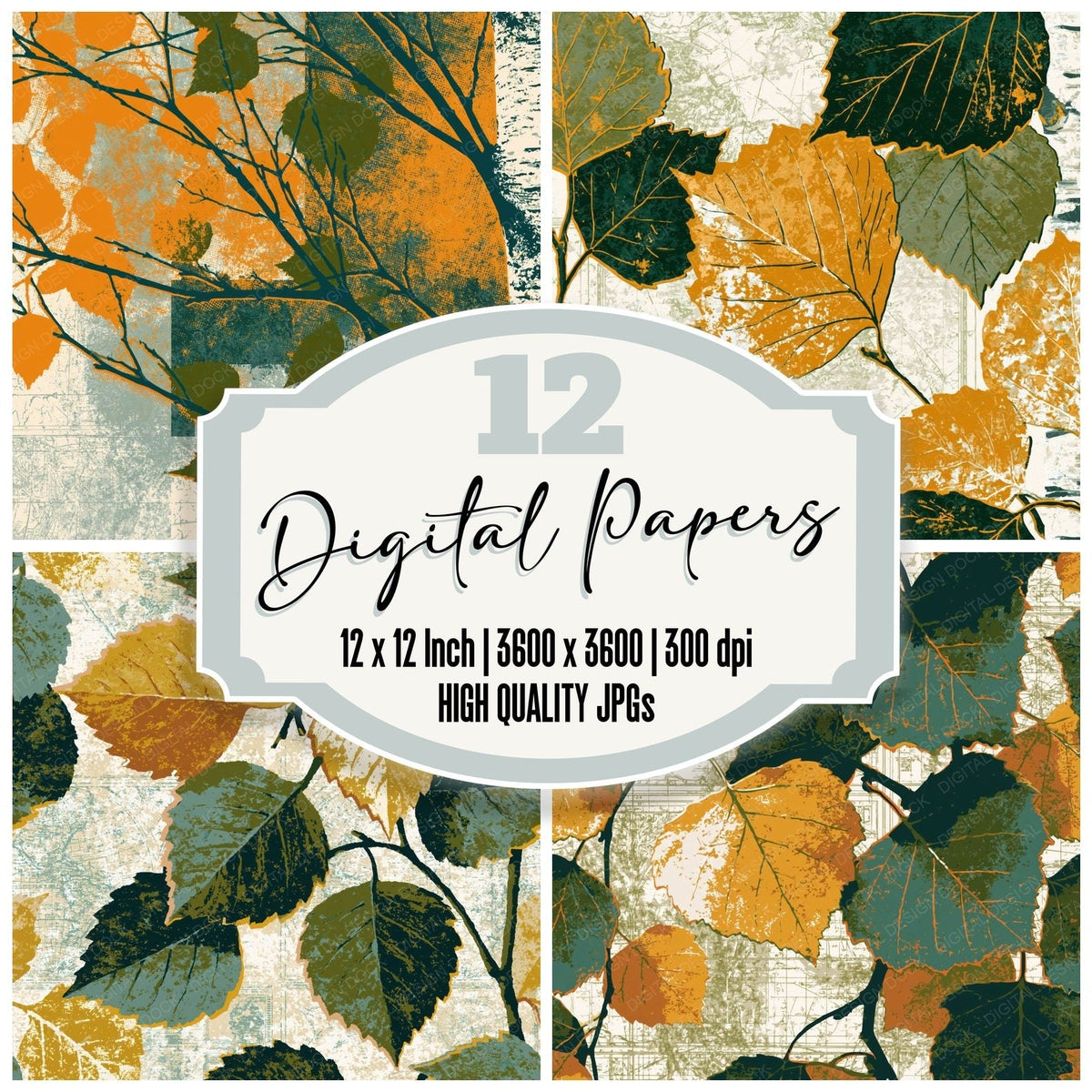 Pop Art Birch Twigs Olive Ochre digital paper pack cover showing four of the 12 papers