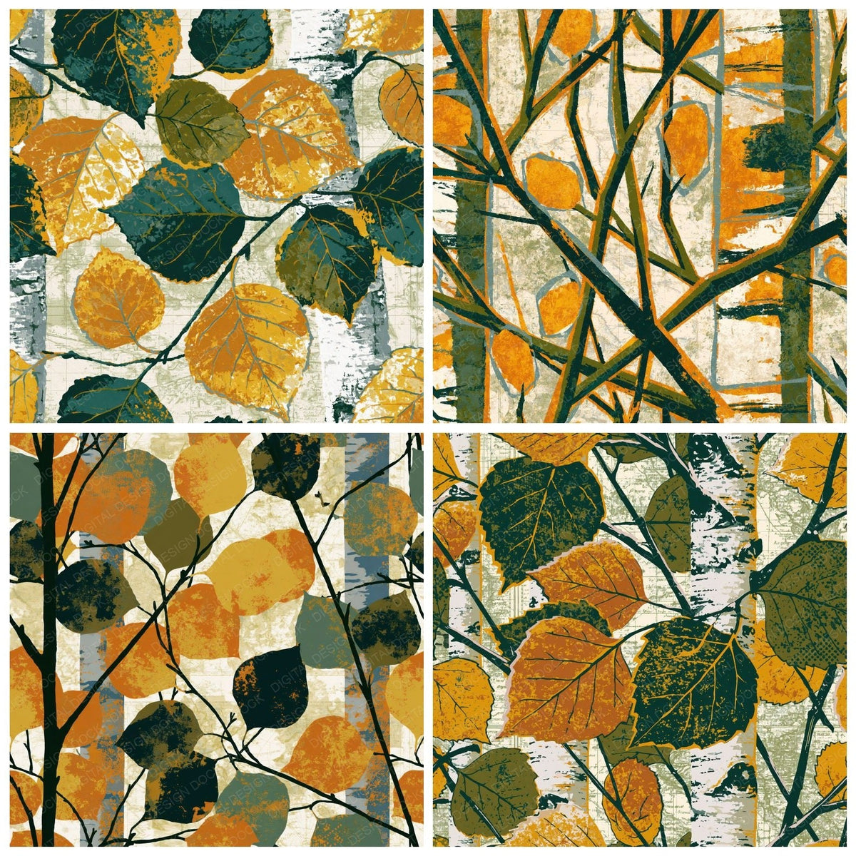 Four Pop Art Birch Twigs Olive Ochre digital papers from the pack shown in a grid