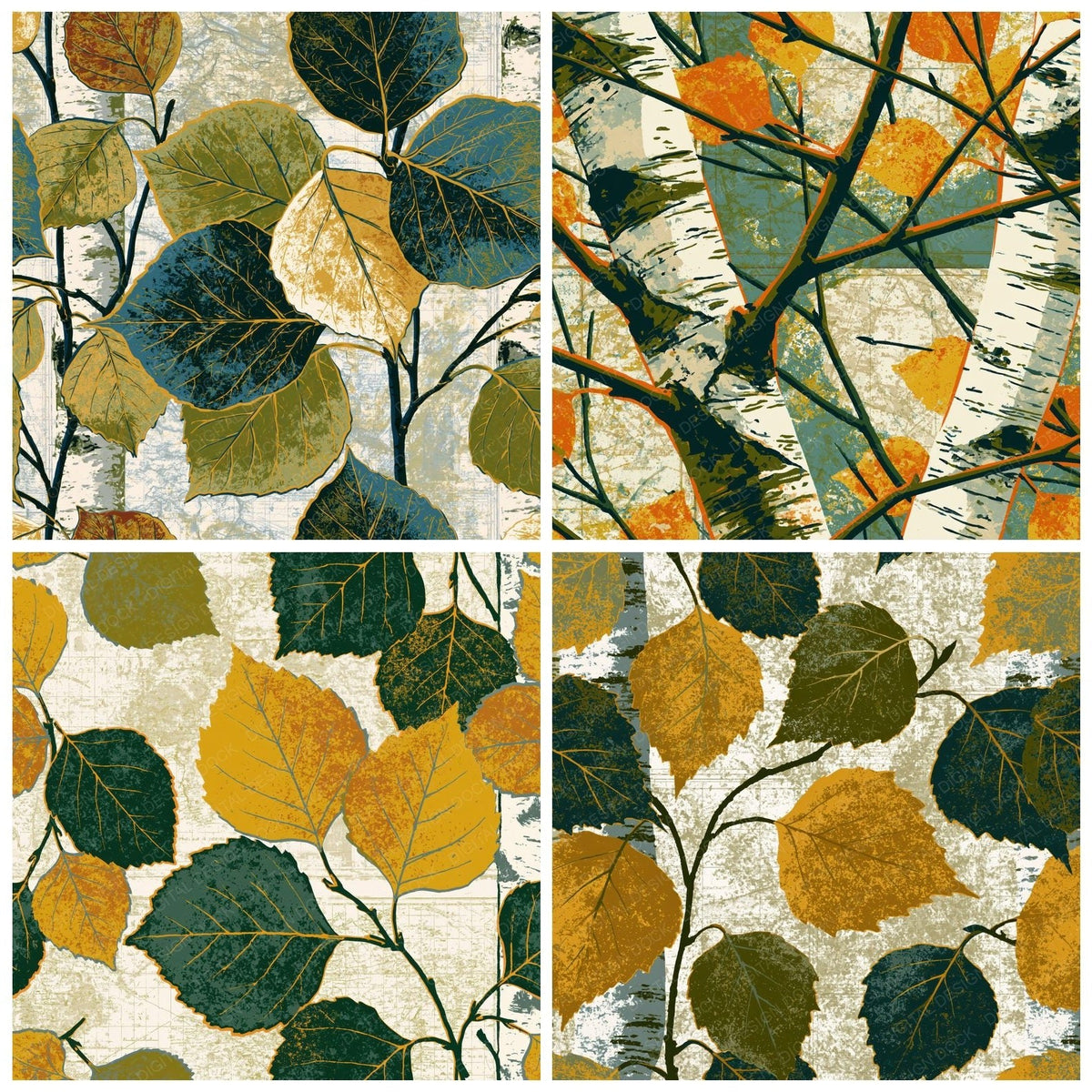 Four more Pop Art Birch Twigs Olive Ochre digital papers from the pack shown in a grid