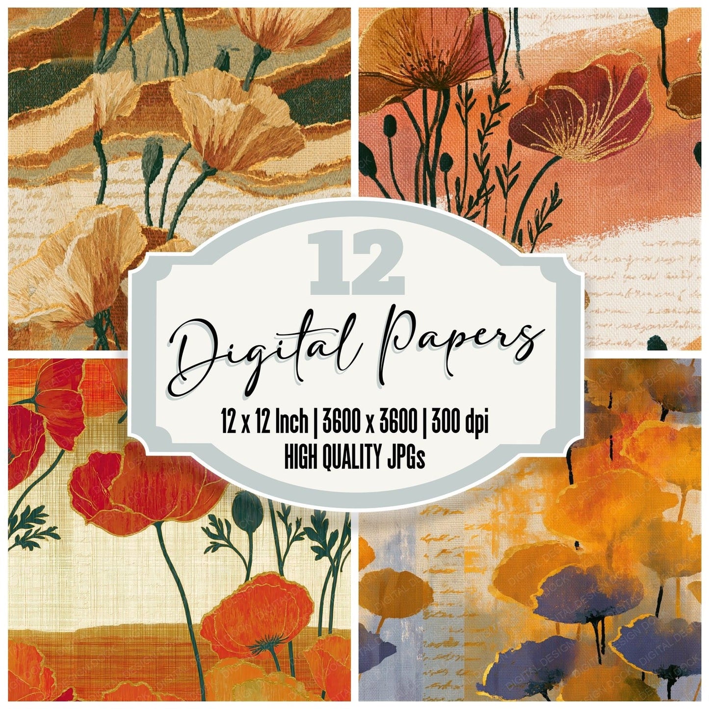 Tapestry Poppies Amber Bone Seamless Digital Paper Pack (DDD015223)