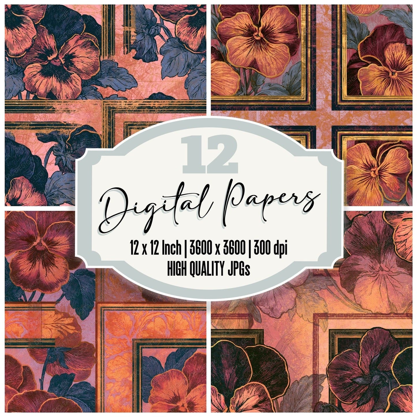Woodcut Pansies Amber Rose Gold Seamless Digital Paper Pack (DDD015224)