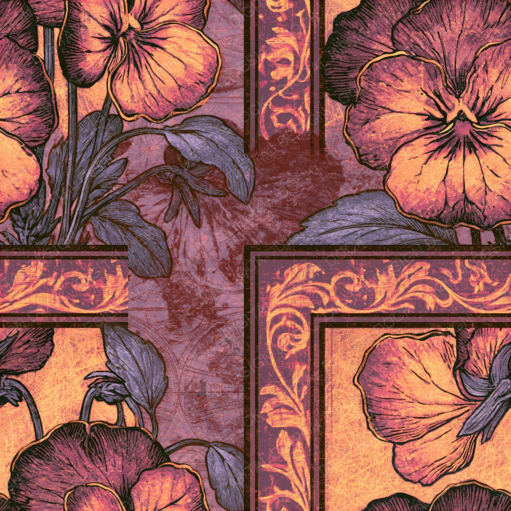 Woodcut Pansies Amber Rose Gold Seamless Digital Paper Pack (DDD015224)