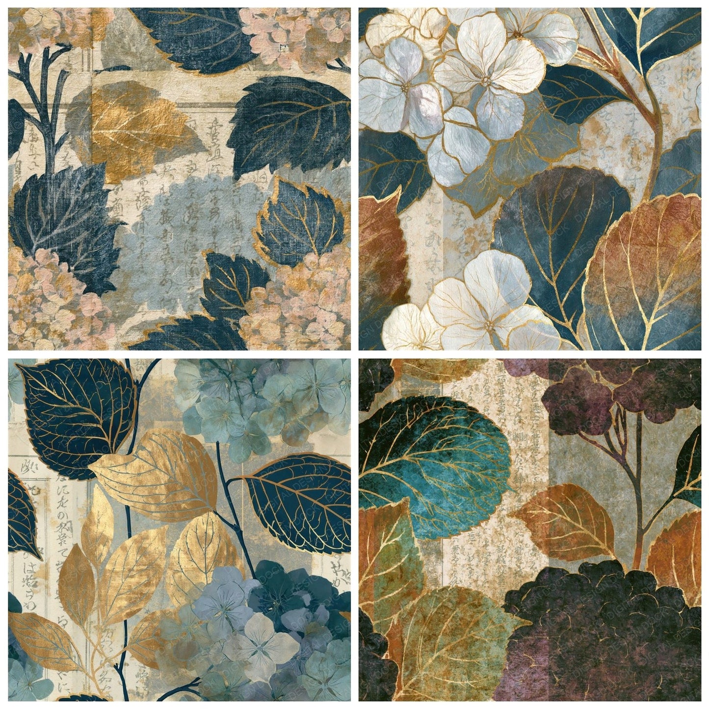 Antique Botanical Hydrangea Mushroom Seamless Digital Paper Pack (DDD015225)