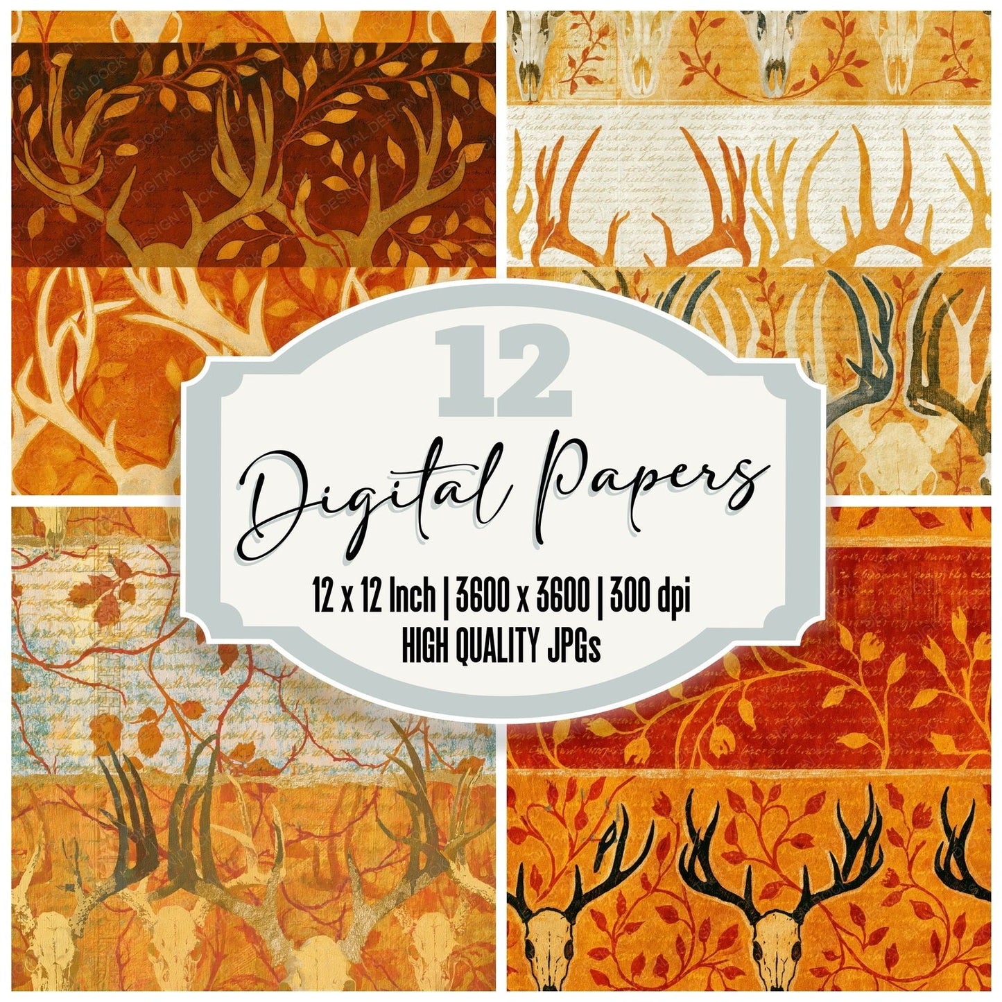 Egg Tempera Deer Skulls Amber Bone Seamless Digital Paper Pack (DDD015230)