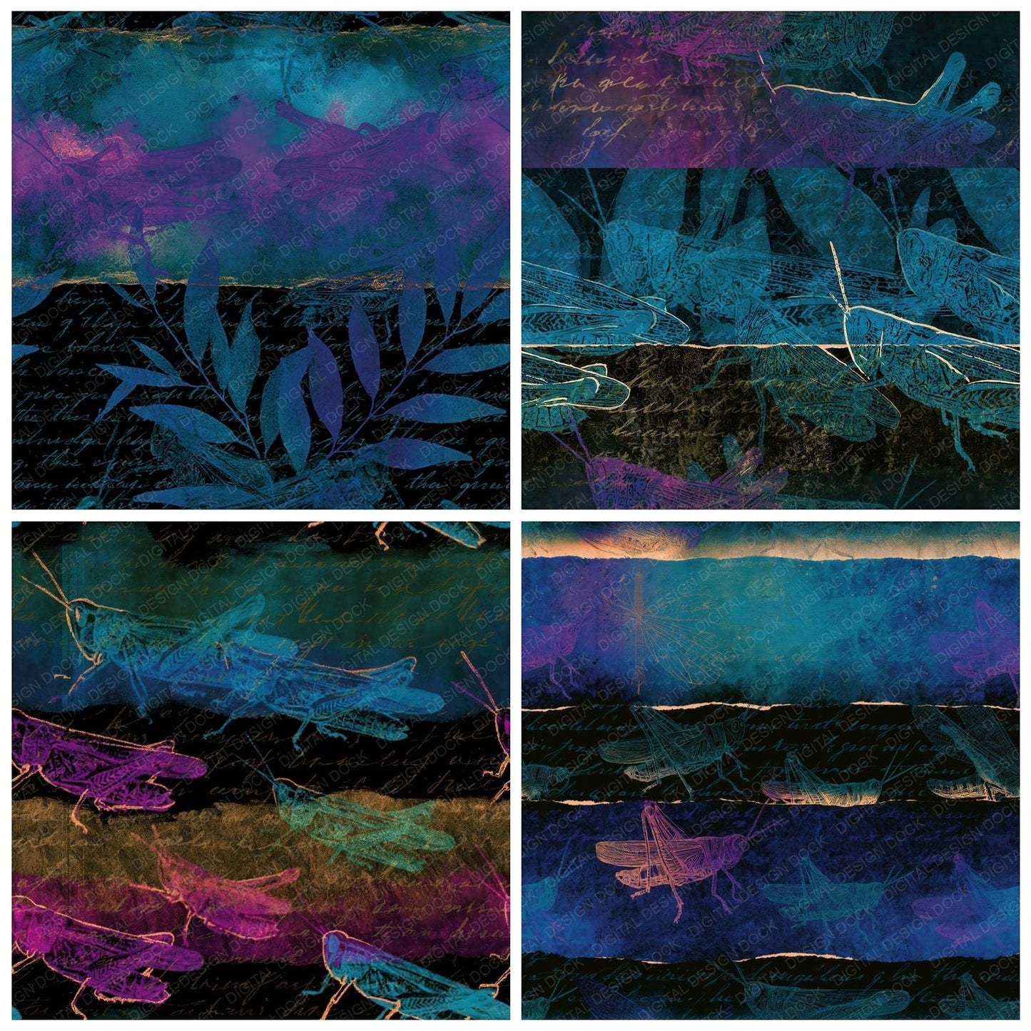 Ink Wash Grasshopper Cyan Violet Seamless Digital Paper Pack (DDD015235)