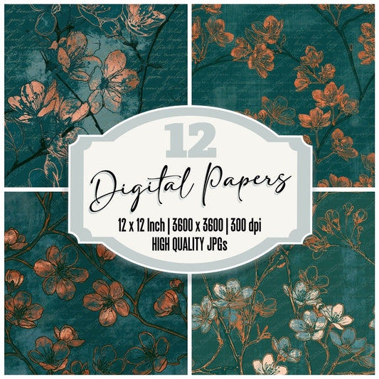 Sparse Linework Cherry Blossom Jade Seamless digital paper pack cover showing four of the 12 papers