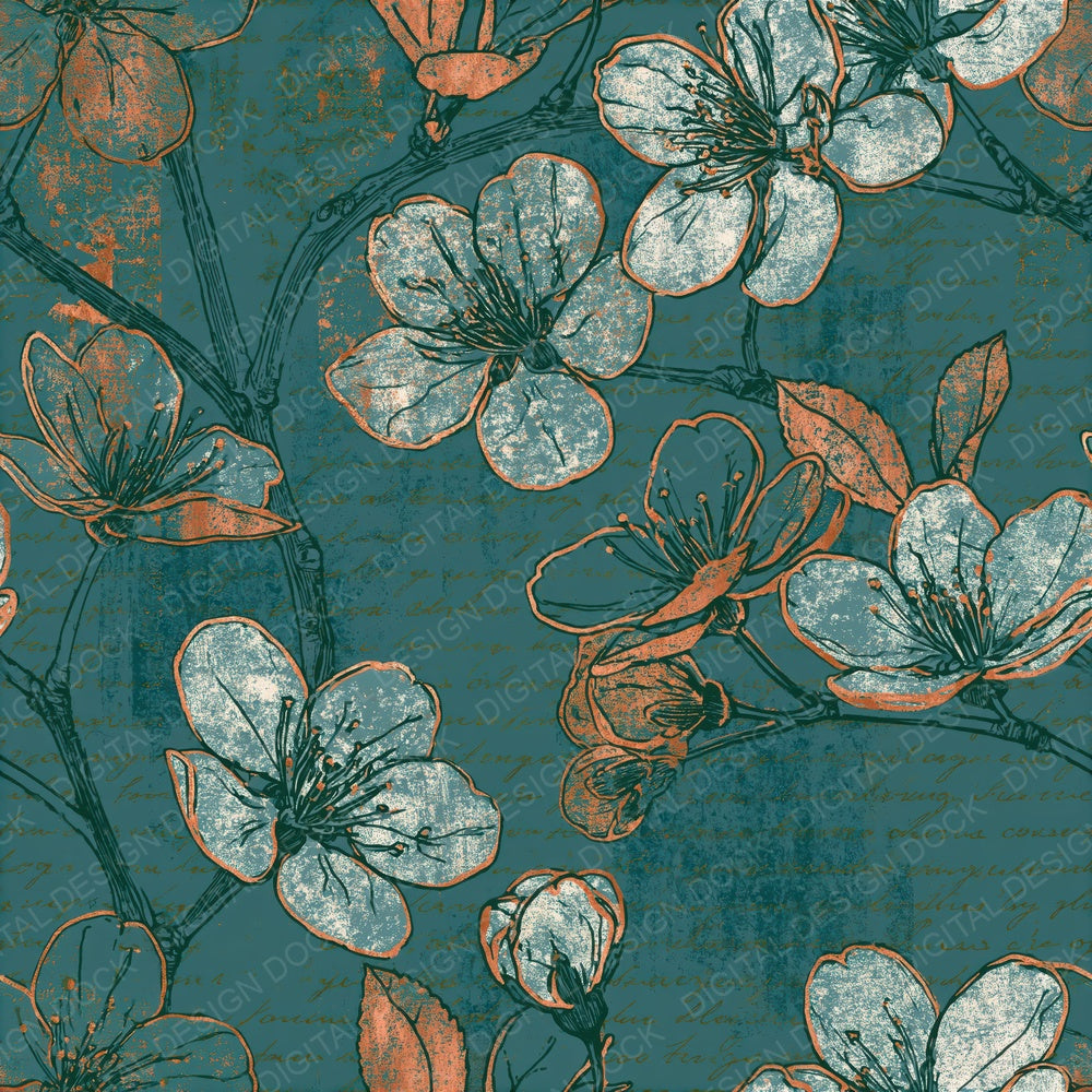 Sparse Linework Cherry Blossom Jade Seamless Digital Paper Pack (DDD015243)