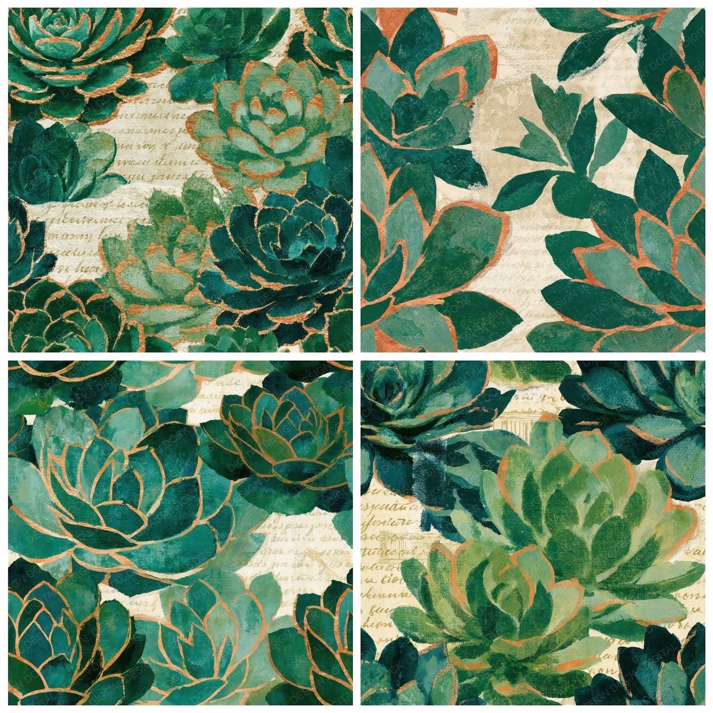 Collage Succulents Emerald Parchment Seamless Digital Paper Pack (DDD015245)