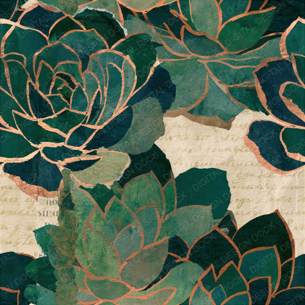 Collage Succulents Emerald Parchment Seamless Digital Paper Pack (DDD015245)