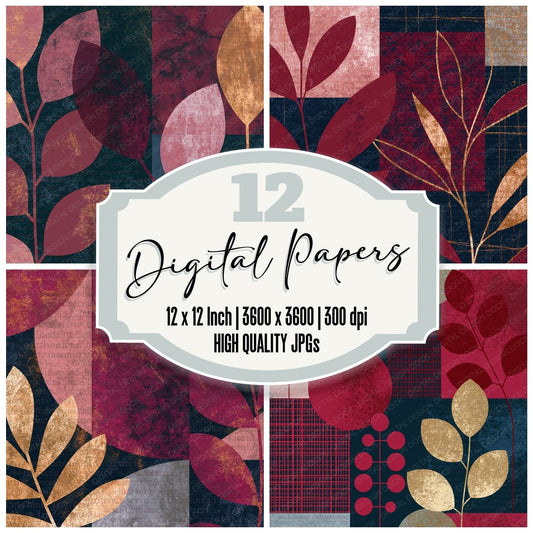 Mid Century Modern Rose Wine Navy Abstract Digital Paper Pack (DDD015251)