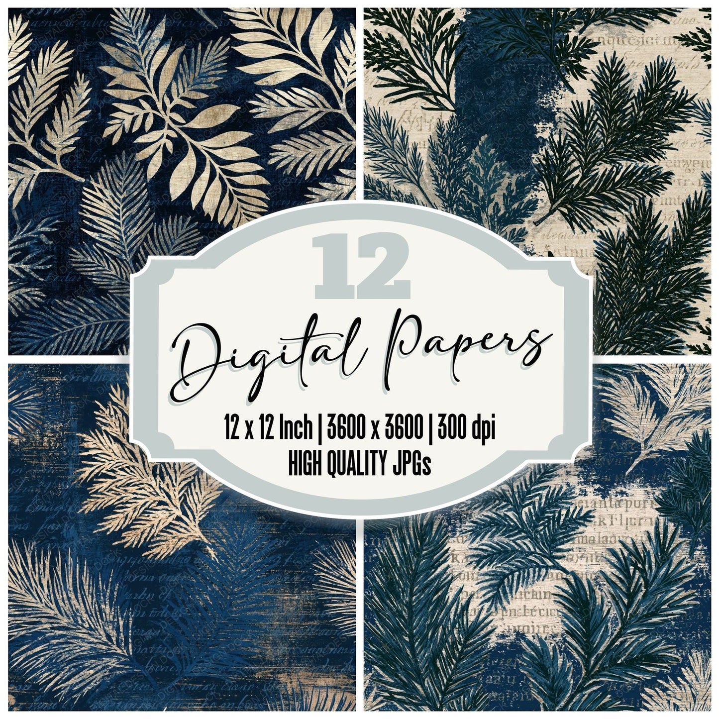 Woodcut Evergreen Midnight Bone Seamless Digital Paper Pack (DDD015261)