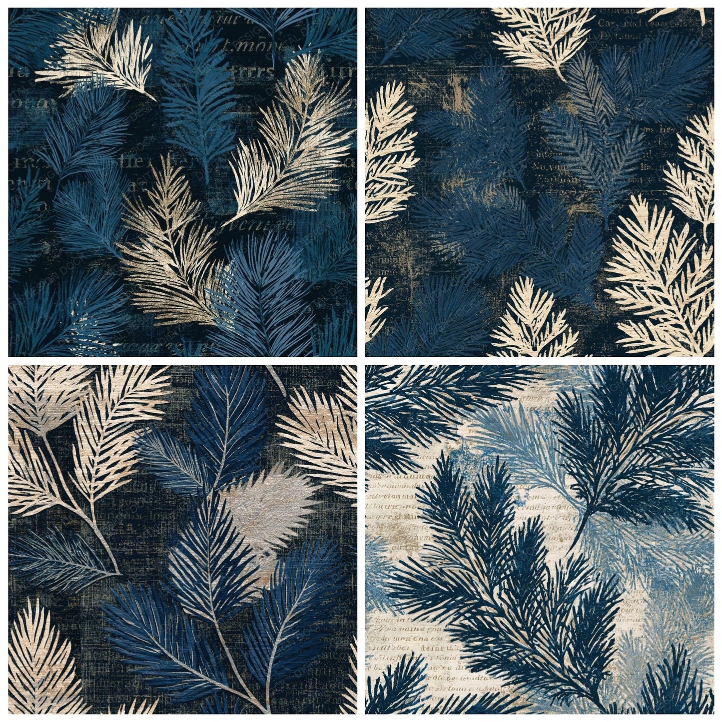 Woodcut Evergreen Midnight Bone Seamless Digital Paper Pack (DDD015261)