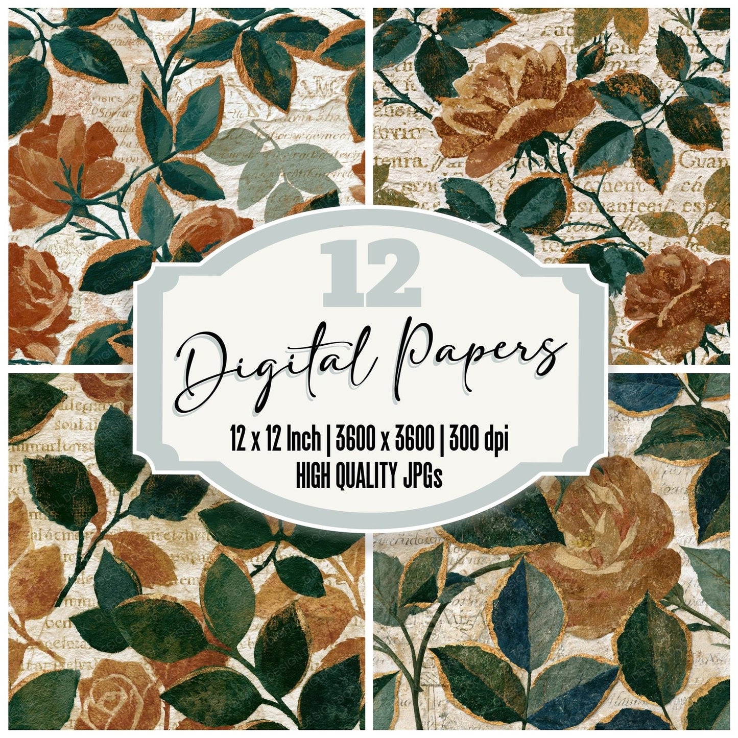 Collage Climbing Roses Tobacco Moss Seamless Digital Paper Pack (DDD015265)