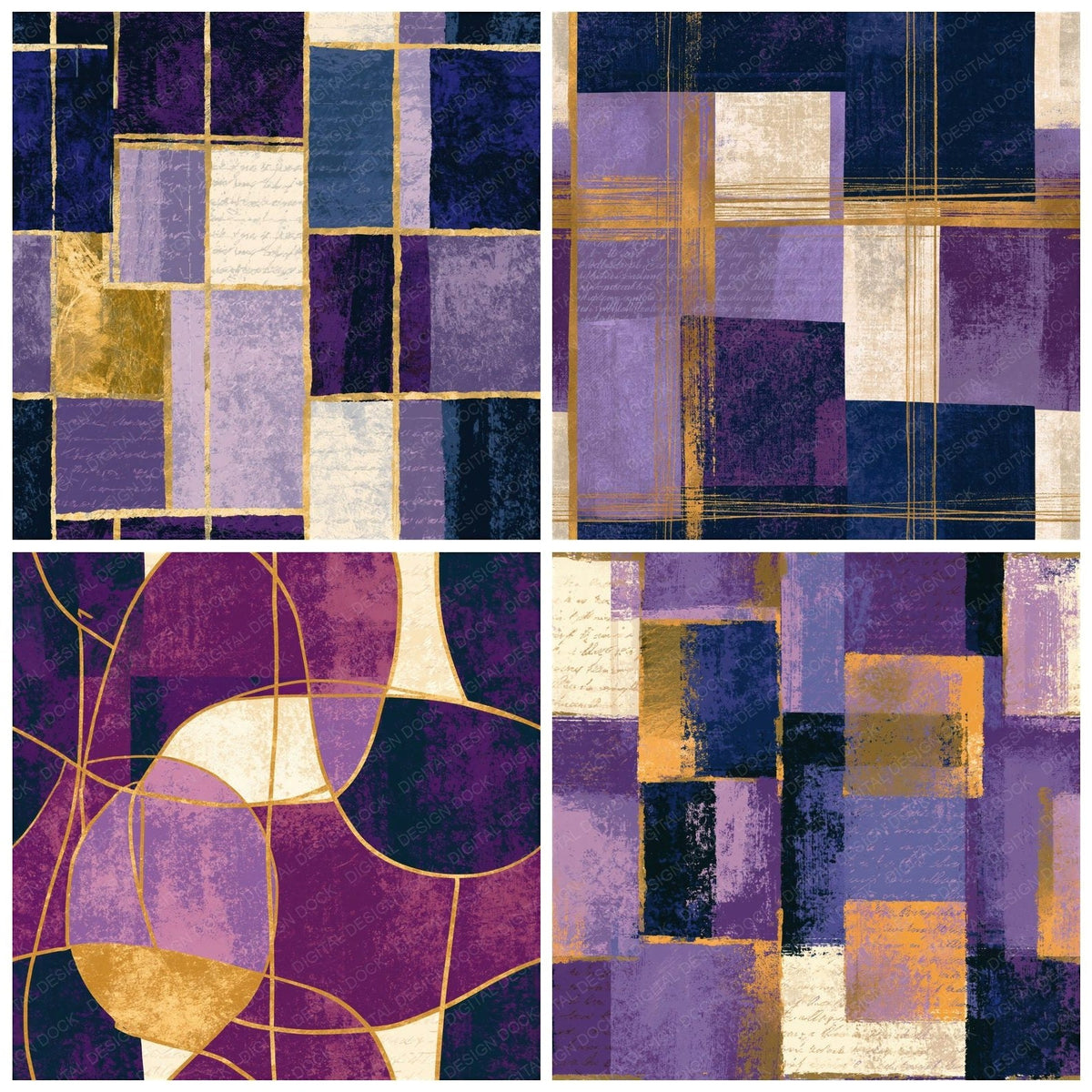Four Pop Art Lavender Cream Abstract Seamless digital papers from the pack shown in a grid