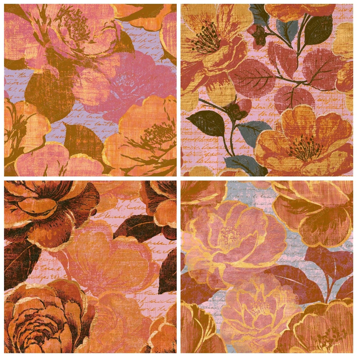 Woodcut Camellia Amber Rose Gold Seamless Digital Paper Pack (DDD015282)