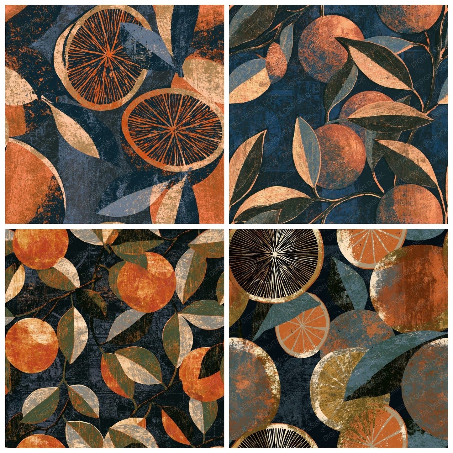 Woodcut Oranges Copper Rust Seamless Digital Paper Pack (DDD015284)