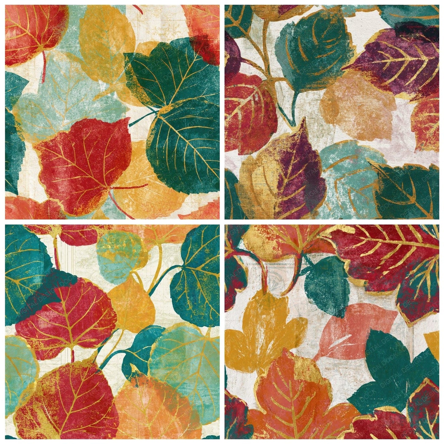 Monoprint Autumn Leaves Mint Strawberry Seamless Digital Paper Pack (DDD015295)