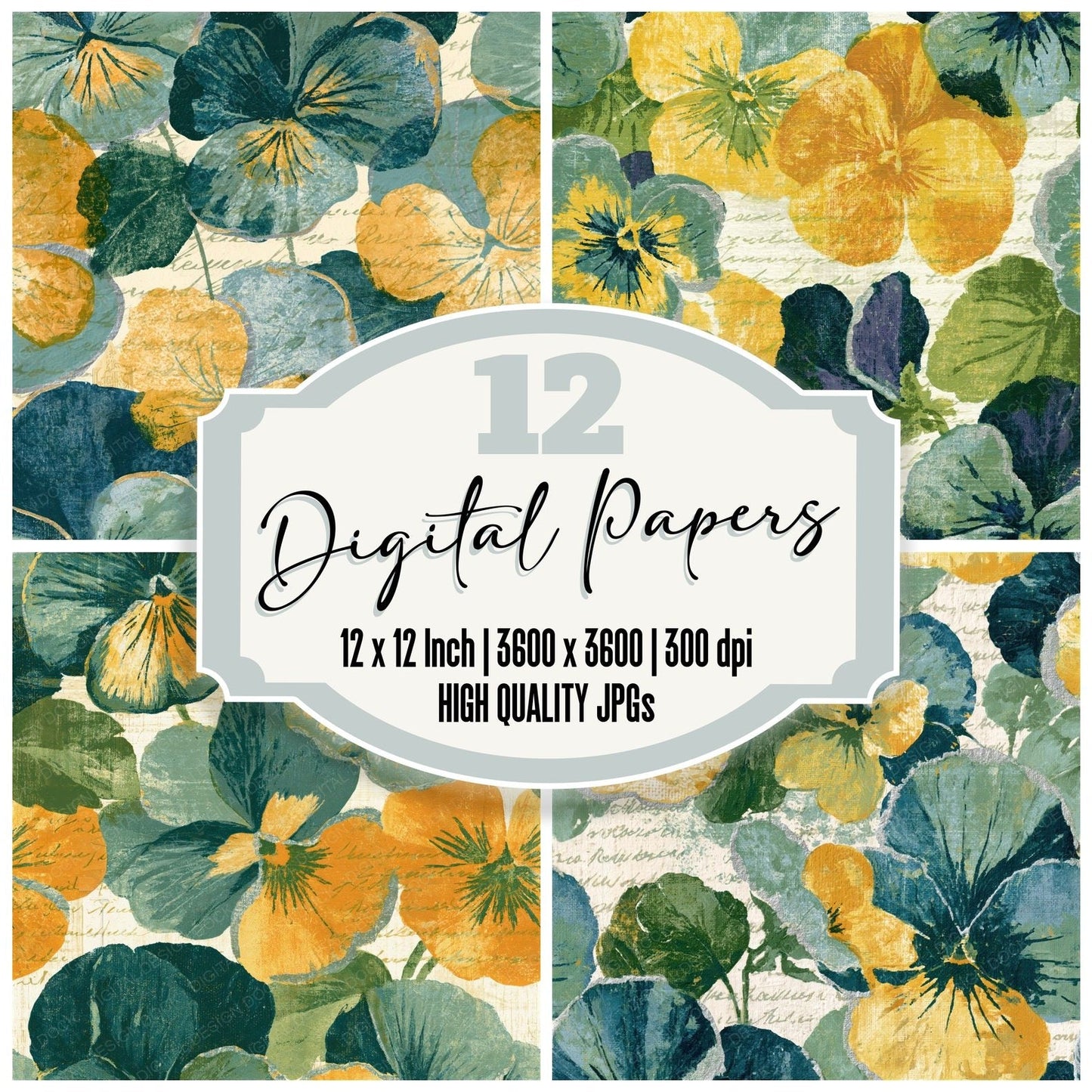 Monoprint Pansies Sage Primrose Seamless Digital Paper Pack (DDD015296)