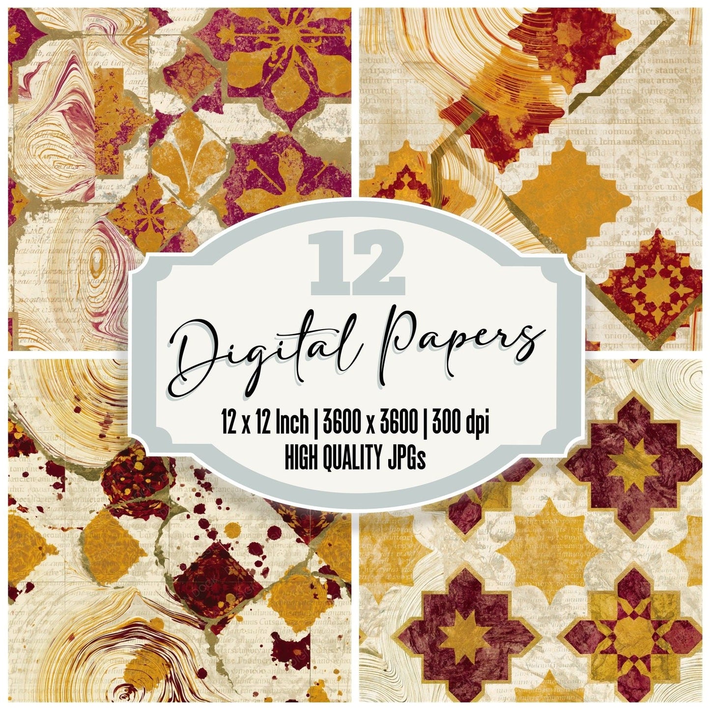 Suminagashi Moroccan Tilework Curry Pomegranate Seamless Digital Paper Pack (DDD015301)
