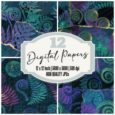 Torn Paper Fiddlehead Ferns Aurora Lilac Seamless digital paper pack cover showing four of the 12 papers