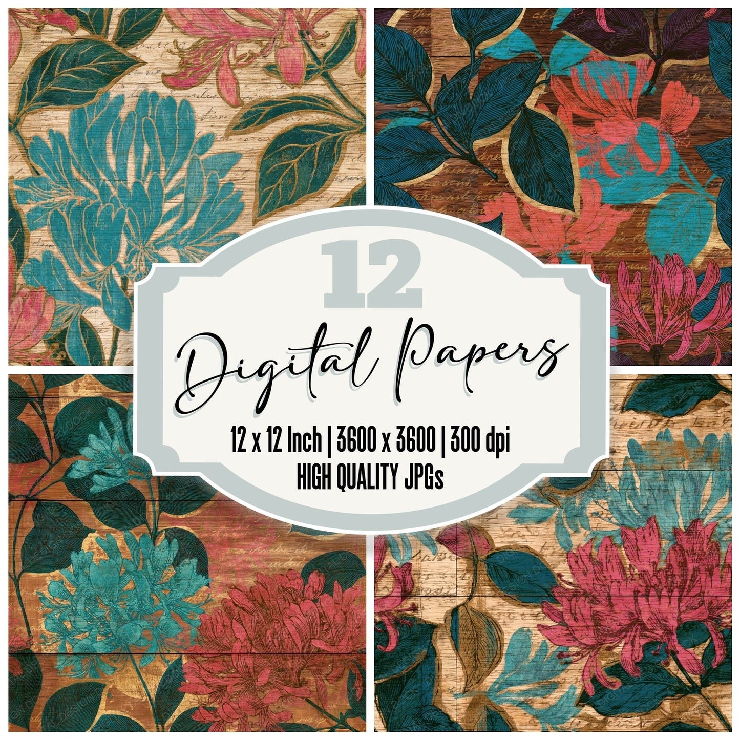 Pyrography Honeysuckle Pink Turquoise Seamless Digital Paper Pack (DDD015310)