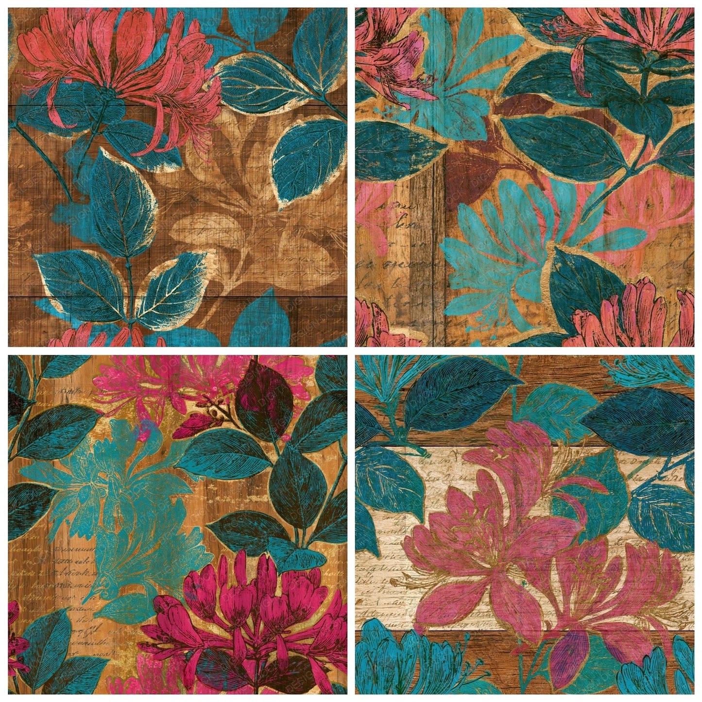 Pyrography Honeysuckle Pink Turquoise Seamless Digital Paper Pack (DDD015310)