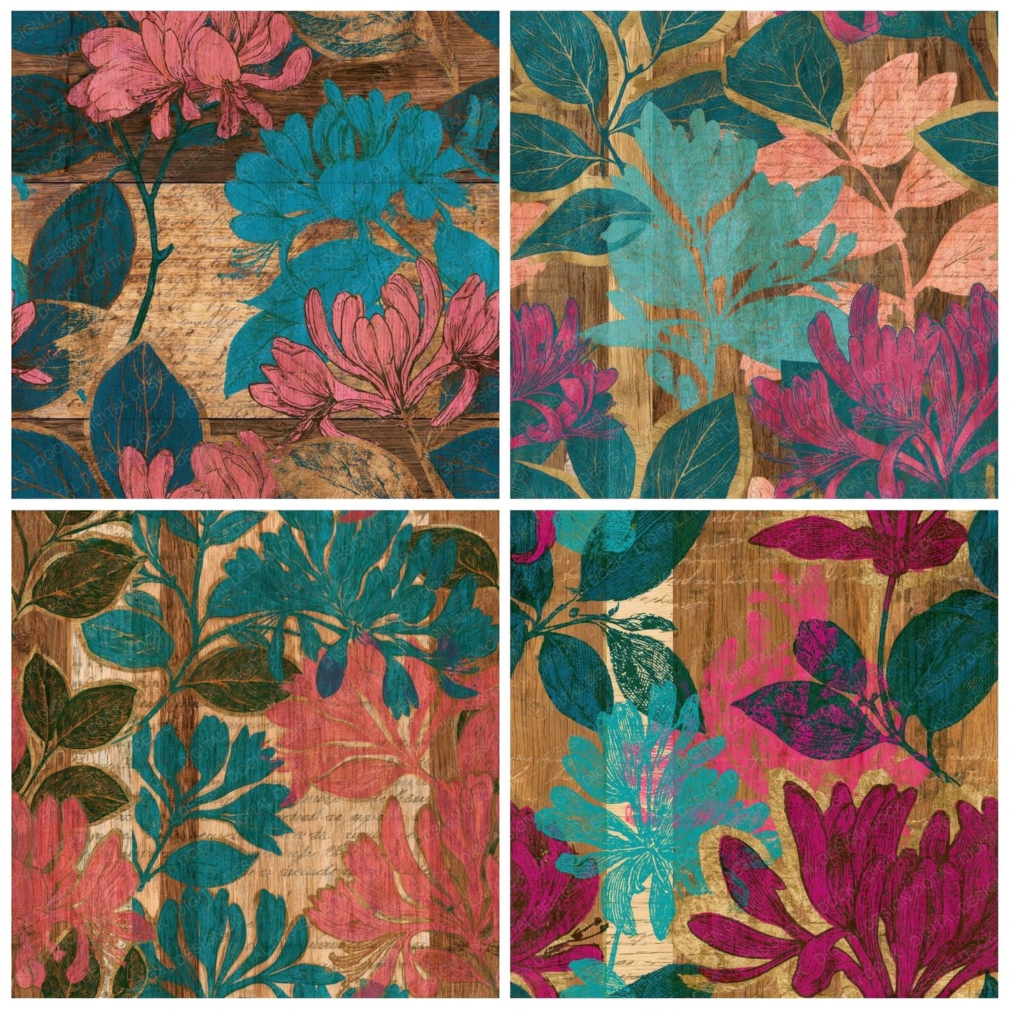 Pyrography Honeysuckle Pink Turquoise Seamless Digital Paper Pack (DDD015310)