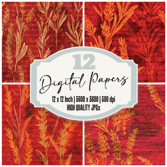 Pyrography Lavender Persimmon Seamless digital paper pack cover showing four of the 12 papers