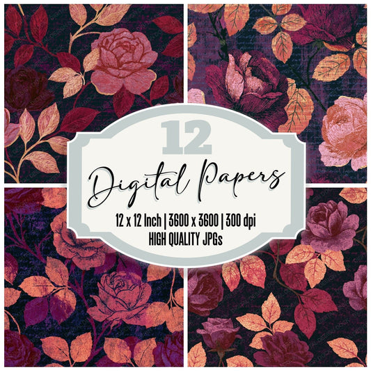 Scratchboard Roses Aubergine Seamless digital paper pack cover showing four of the 12 papers