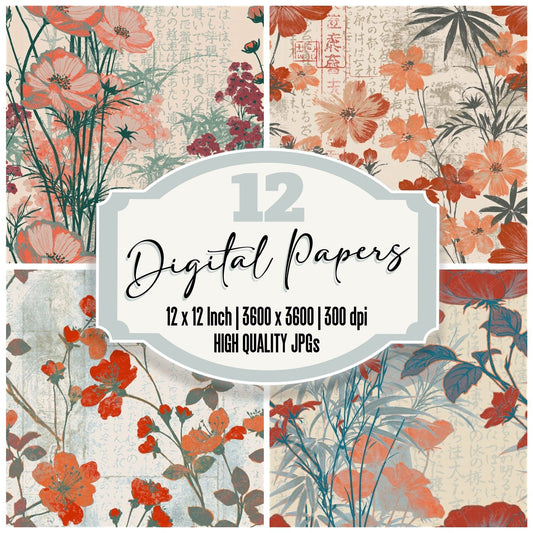 Screenprint Wildflowers Cherry Orange Seamless digital paper pack cover showing four of the 12 papers