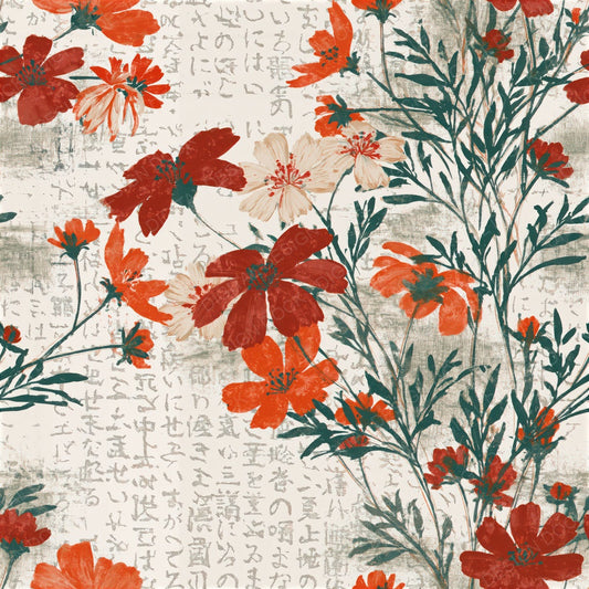 Single Screenprint Wildflowers Cherry Orange Seamless digital paper shown full size