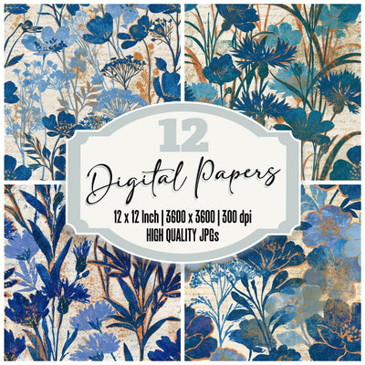 Woodblock Meadow Flowers Sapphire Seamless digital paper pack cover showing four of the 12 papers