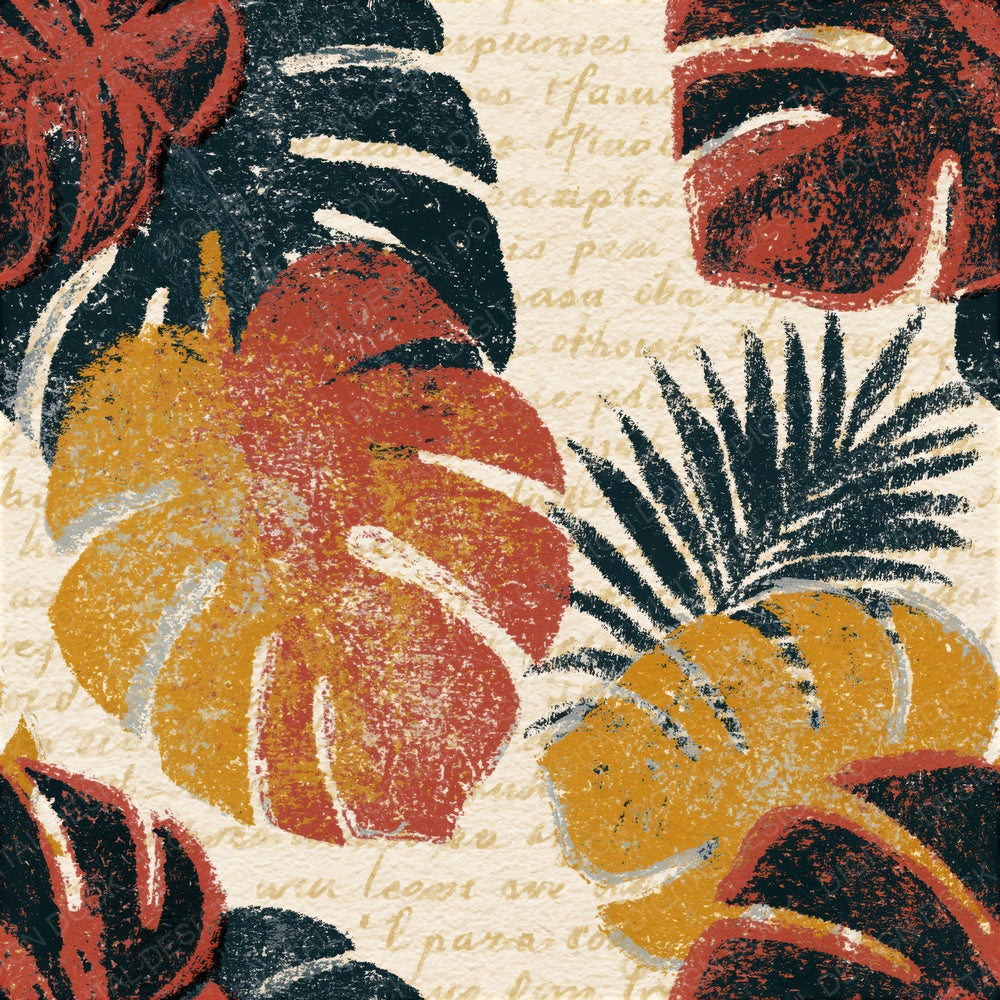 Woodblock Monstera Terracotta Mustard Seamless Digital Paper Pack (DDD015321)